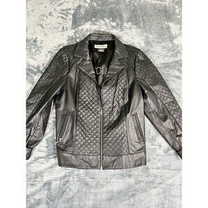 Bradley Bayou Womens Quilted Black Leather Jacket L Zip Front Classic Fit